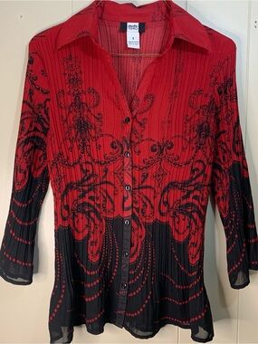 Women’s S Studio 1940 Red & Black Paisley Crinkle pleated Blouse Y2K